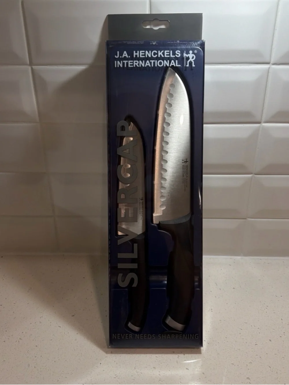 J.A. Henckels International Silvercap Santoku Knife with Sheath Black/Silver NEW